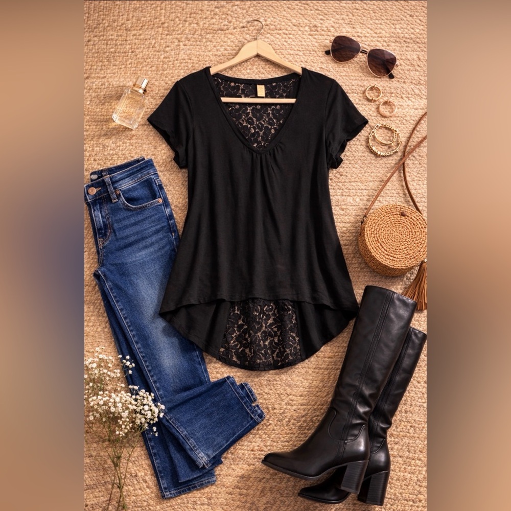 Eyelash Couture Black Hi-Low Lace Back Top ~ Size X-Large - Picture 4 of 9